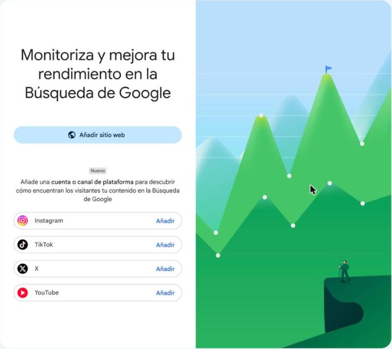 Pantalla de bienvenida de Google Search Console con el botón Añadir sitio web